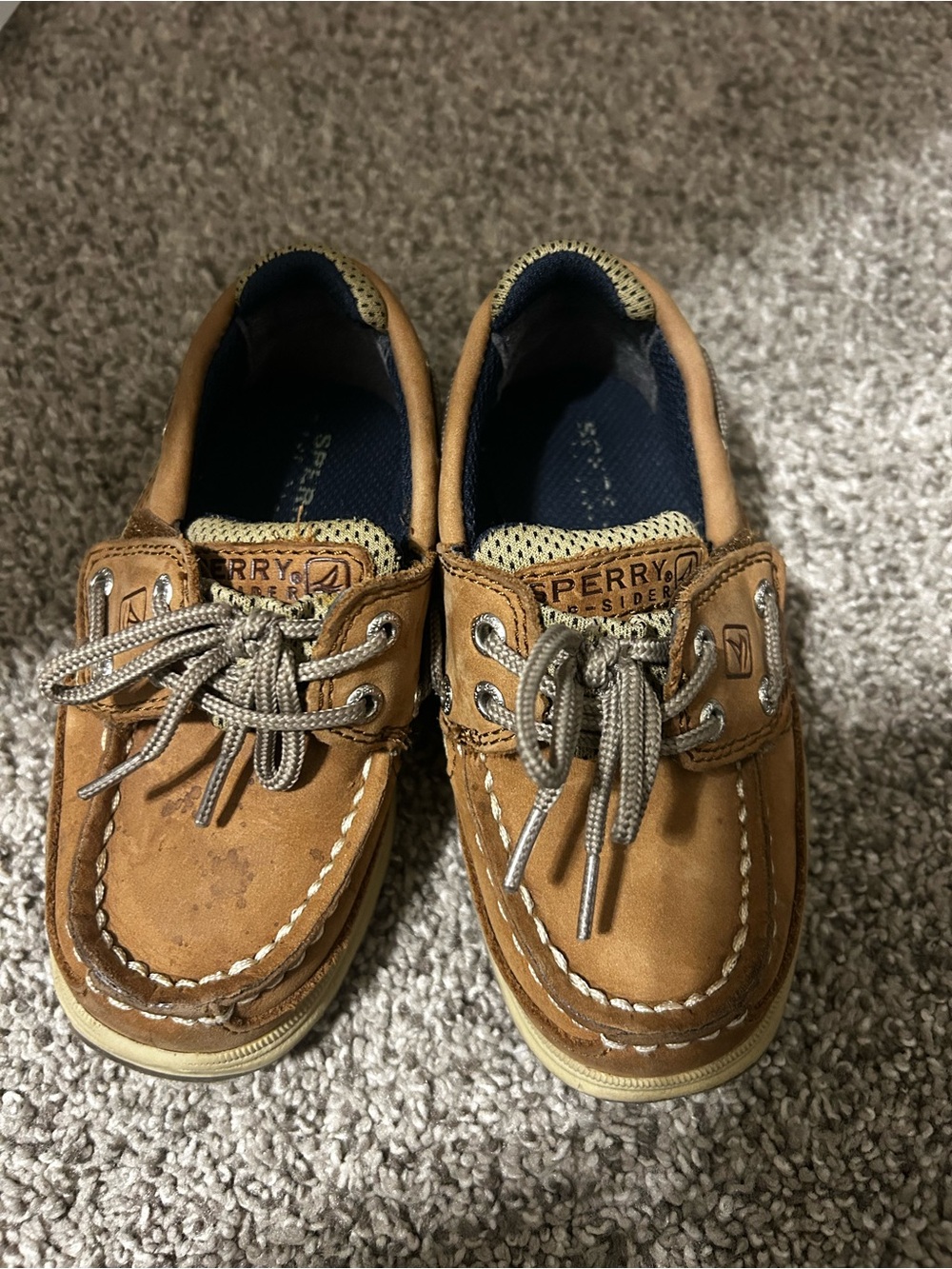 Sperry Kids Tan Leather Boat Shoes with Gray Laces